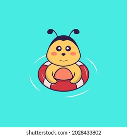 Cute bee is Swimming with a buoy. Animal cartoon concept isolated. Can used for t-shirt, greeting card, invitation card or mascot.