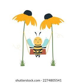 Una linda abeja está balanceándose entre flores. Ilustración de vectores para diseños infantiles