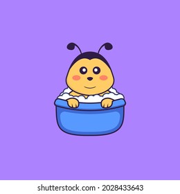 Cute bee taking a bath in the bathtub. Animal cartoon concept isolated. Can used for t-shirt, greeting card, invitation card or mascot.