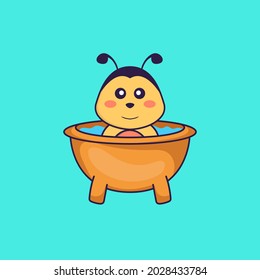 Cute bee taking a bath in the bathtub. Animal cartoon concept isolated. Can used for t-shirt, greeting card, invitation card or mascot.