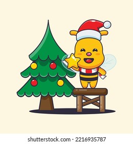 Cute bee taking star from christmas tree. Cute christmas cartoon illustration. 