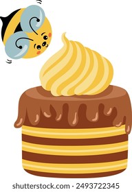 Cute bee with tasty honey cake
