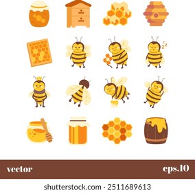 Cute bee themed icons including bees honey jars hives and honeycombs in a cartoon style