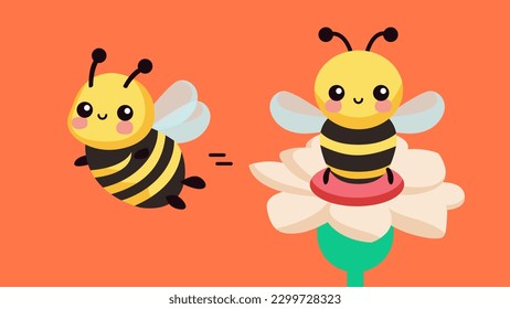 Abeja pequeña con el cuerpo diminuto sentado sobre la flor, conjunto de diseño de caracteres kawaii, vuelo de abejas adorable, diferentes formas, ilustración vectorial de carácter plano