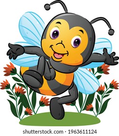 The cute bee with with the transparent wing is dancing in the garden of illustration