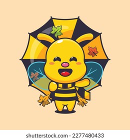 Cute bee with umbrella at autumn season. Mascot cartoon vector illustration suitable for poster, brochure, web, mascot, sticker, logo and icon.