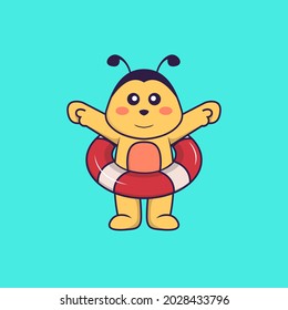 Cute bee using a float. Animal cartoon concept isolated. Can used for t-shirt, greeting card, invitation card or mascot.