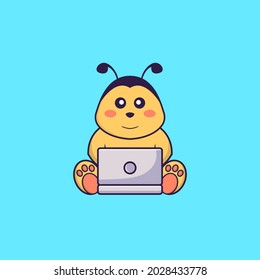 Cute bee using laptop. Animal cartoon concept isolated. Can used for t-shirt, greeting card, invitation card or mascot.