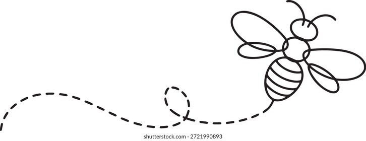 Ilustração de vetor abelha bonito desenhado em estilo de linha contínua abstrata. Inseto voador com trajetória pontilhada. Esboço de vida selvagem minimalista perfeito para embalagem de produto de mel ou banner de verão.