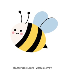 Cute bee vector illustration. Smiling bumblebee character. Adorable cartoon design for kids, spring-themed clipart or baby decor. Flat vector illustration isolated on white background.