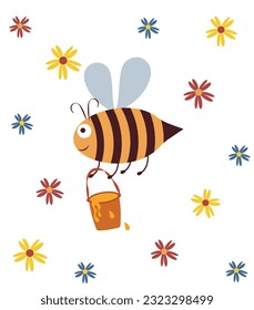 Cute Bee Vector illustration.Honey bee Pot sign, emblem isolated on white background, Flat style for graphic and web design, logo.