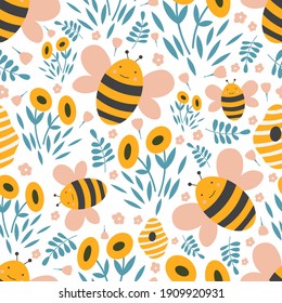 Cute bee vector repeat pattern.