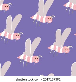 Cute bee vector seamless pattern in pink and purple