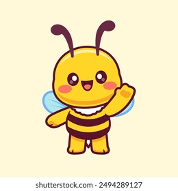 Cute Bee Waving Hand Cartoon Vector Icon Illustration. Animal Nature Icon Concept Isolated Premium Vector. Flat Cartoon Style