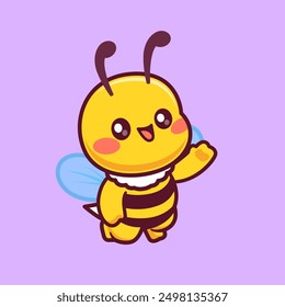 Cute Bee Waving Hand Cartoon Vector Icon Illustration. Animal Nature Icon Concept Isolated Premium Vector. Flat Cartoon Style