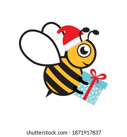 Cute bee wear Santa hat and gift box. Cartoon bee character with surprise vector isolated on white. Merry Christmas concept