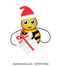 Cute bee wear Santa hat and gift box. Cartoon bee character with surprise vector isolated on white. Merry Christmas concept