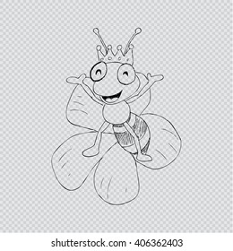 Cute bee wearing a crown perched on flowers. Sketchy style.
