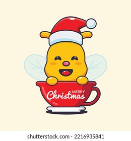 Cute bee wearing santa hat in cup. Cute christmas cartoon illustration. 