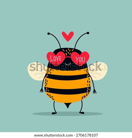 A cute bee wearing sunglasses shaped like a heart with the words “I love you” written on them. Flat vector illustration. 