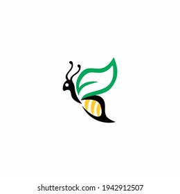 cute bee with wings in the form of leaves logo,  
natural symbol illustration