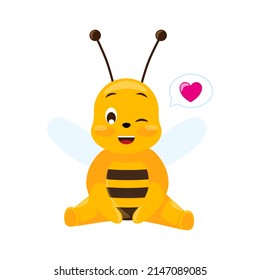 Cute bee wink isolated on white background. Smiling cartoon character fall in love. Design of funny insect sticker for showing emotion. Vector illustration