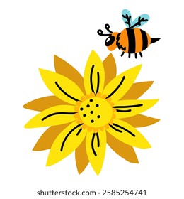 cute Bee with a yellow flower. flat-style illustration of bee and flower. funny bee flies to collect pollen from flower. Insect. posters, greeting cards and children's design. isolated colored animal