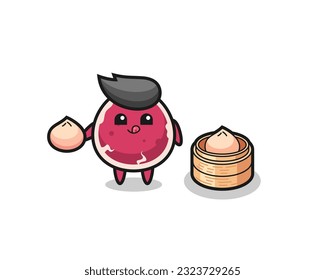 cute beef character eating steamed buns , cute style design for t shirt, sticker, logo element