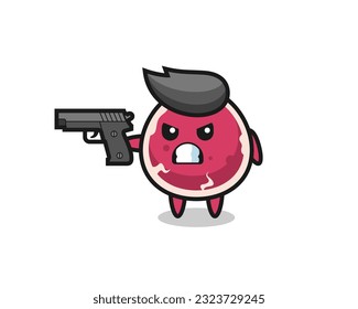 la tira de caracter de carne adorable con un arma, diseño de estilo lindo para camiseta, pegatina, elemento logo