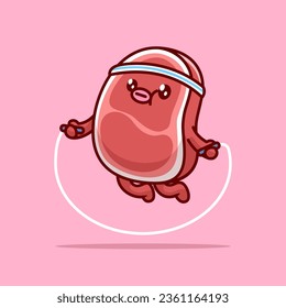 Cute Beef Steak Playing Jump Rope Cartoon Vector Icon Illustration. Food Sport Icon Concept Isolated Premium Vector. Flat Cartoon Style