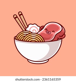 Cute Beef Steak Relax In Ramen Noodle Cartoon Vector Icon Illustration. Food Object Icon Concept Isolated Premium Vector. Flat Cartoon Style