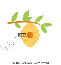 Cute beehive hanging on tree branch with buzzing bee sound. Flat hand drawn vector illustration