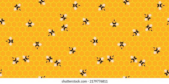 Colmena de abejas en un patrón sin fisuras. Abejas de dibujos animados con fondo de miel amarillo