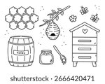 A cute beekeeping set with a jar of honey, a beehive, bees, honeycombs, a wooden barrel with honey. Vector hand-drawn illustration in doodle style. Perfect for various designs.