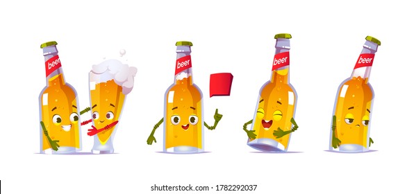 Cute beer bottle character in different poses. Vector set of cartoon funny mascot, lager pint personage laughs, sad, talk with speech bubble and hugs with glass of beer