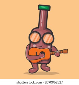 cute beer bottle character mascot playing guitar isolated cartoon in flat style