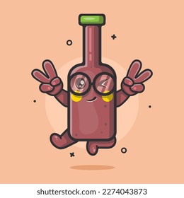 cute beer bottle character mascot with peace sign hand gesture isolated cartoon in flat style design