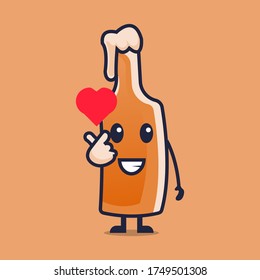 Cute beer cartoon character with happy expression and love hand flat style vector illustration
