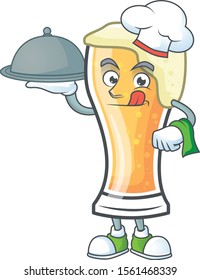 Cute beer glass with the chef holding food mascot