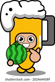 cute beer glass mascot costume doodle vector cartoon character holding watermelon
