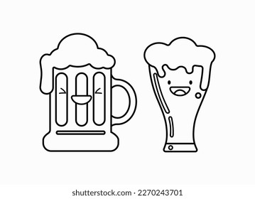 Cute beer glasse and mug  icon isolated on white background. Beer Symbol. Vector Design Illustration. Kawaii outline style.