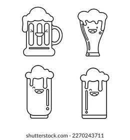 Cute beer glasses and mug  icon isolated on white background. Beer Symbol. Vector Design Illustration. Kawaii outline style.