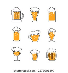 Cute beer glasses and mugs colored  icon isolated on white background. Beer Symbol. Vector Design Illustration. Outline style.