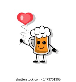 Cute beer with heart balloon in comic style. vector illustration.cartoon style. can be used for Valentines Day or Birthday