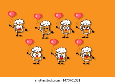 Cute beer with heart balloon in comic style. vector illustration.cartoon style. can be used for Valentines Day or Birthday