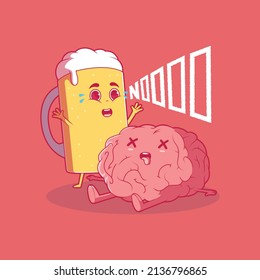 Cute Beer mug and brain character vector illustration. Party, alcohol, funny design concept.