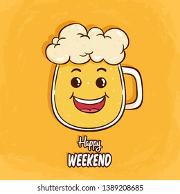 Cute beer mug or glass character with funny face on yellow background