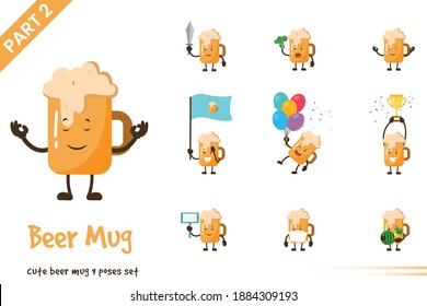 Cute beer mug poses set. Vector illustration. Isolated on white background.