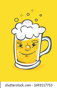 cute beer mug with a smiling face on a yellow background