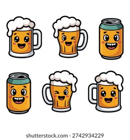 Cute beer mugs and cans vector set with smiling faces, party sticker design, pub happy hour, celebration poster graphics